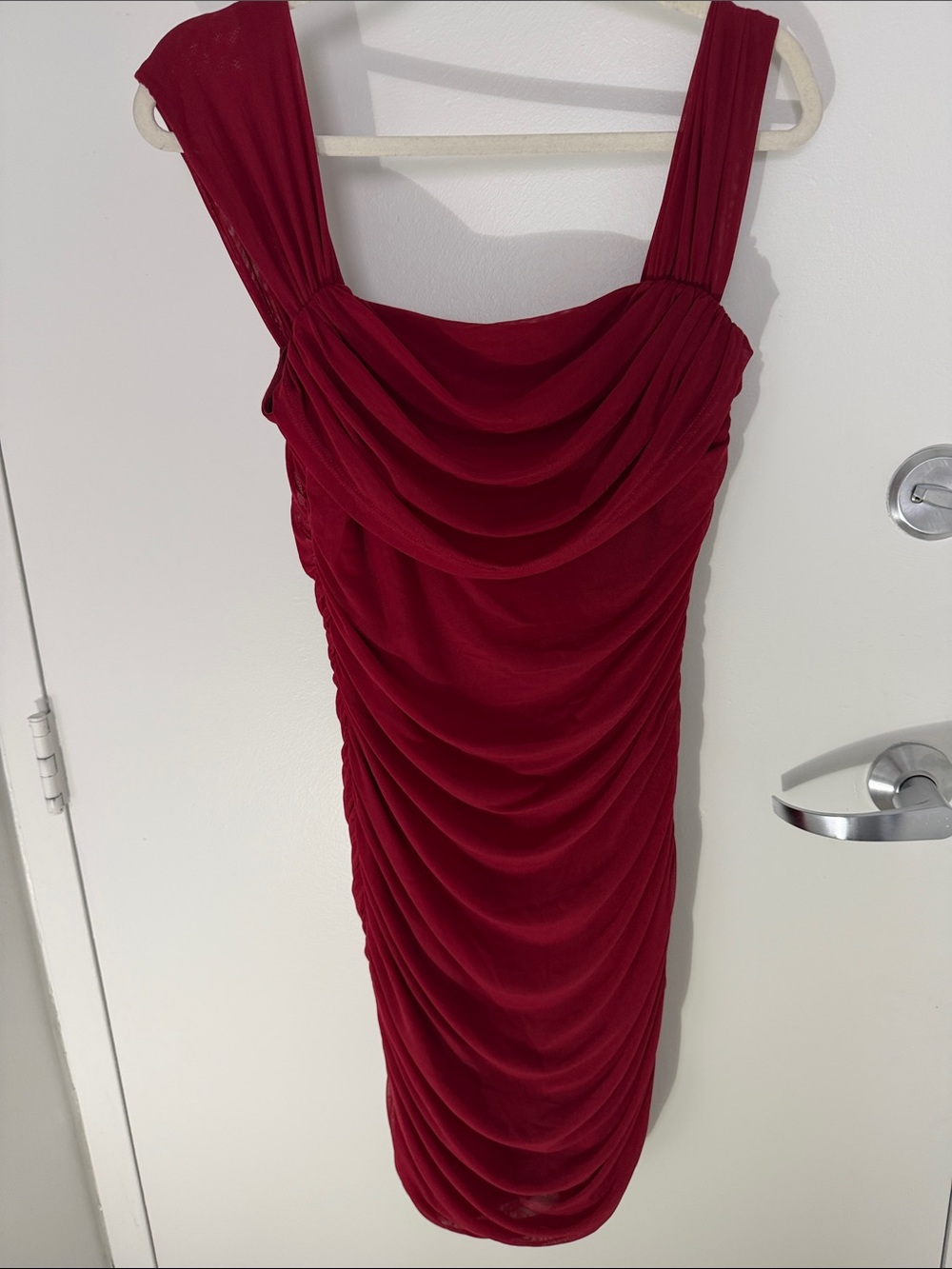 Ruched Burgundy Midi Dress with Draped Neckline